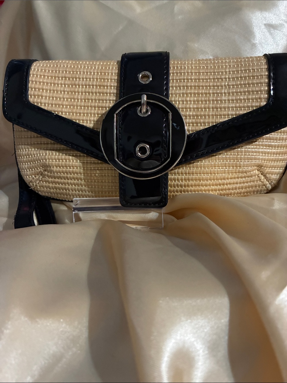 Ann Taylor Beige Straw Mini Crossbody with Black Patent Trim